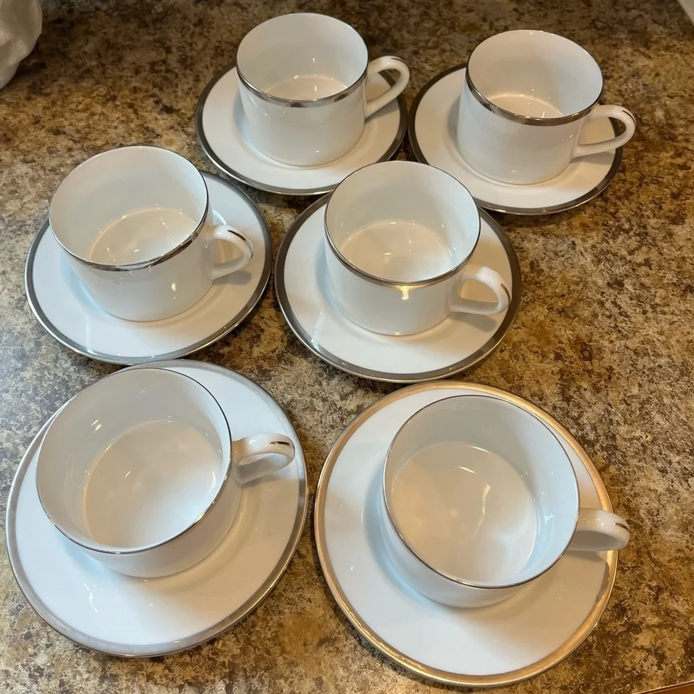 Pier 1 Monno Bangladesh Elegant White and Silver Tea Cups and Saucers Set of 6